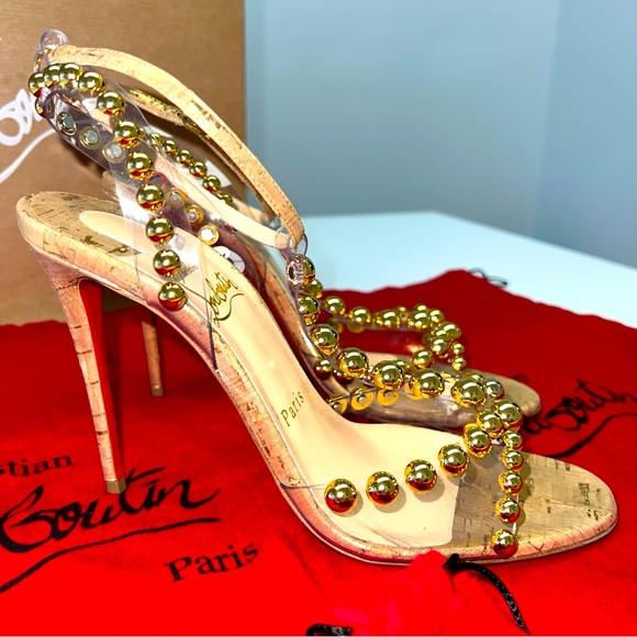 CHRISTIAN LOUBOUTIN Faridaravie 100 PVC Liege Pepite Gold Size 37.5  Woman’s 7.5 - Picture 2 of 16